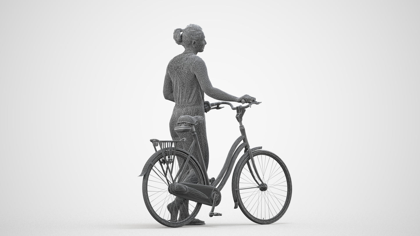 3D people model woman casual cycling, scanned human for 3ds Max rendering, wireframe side view