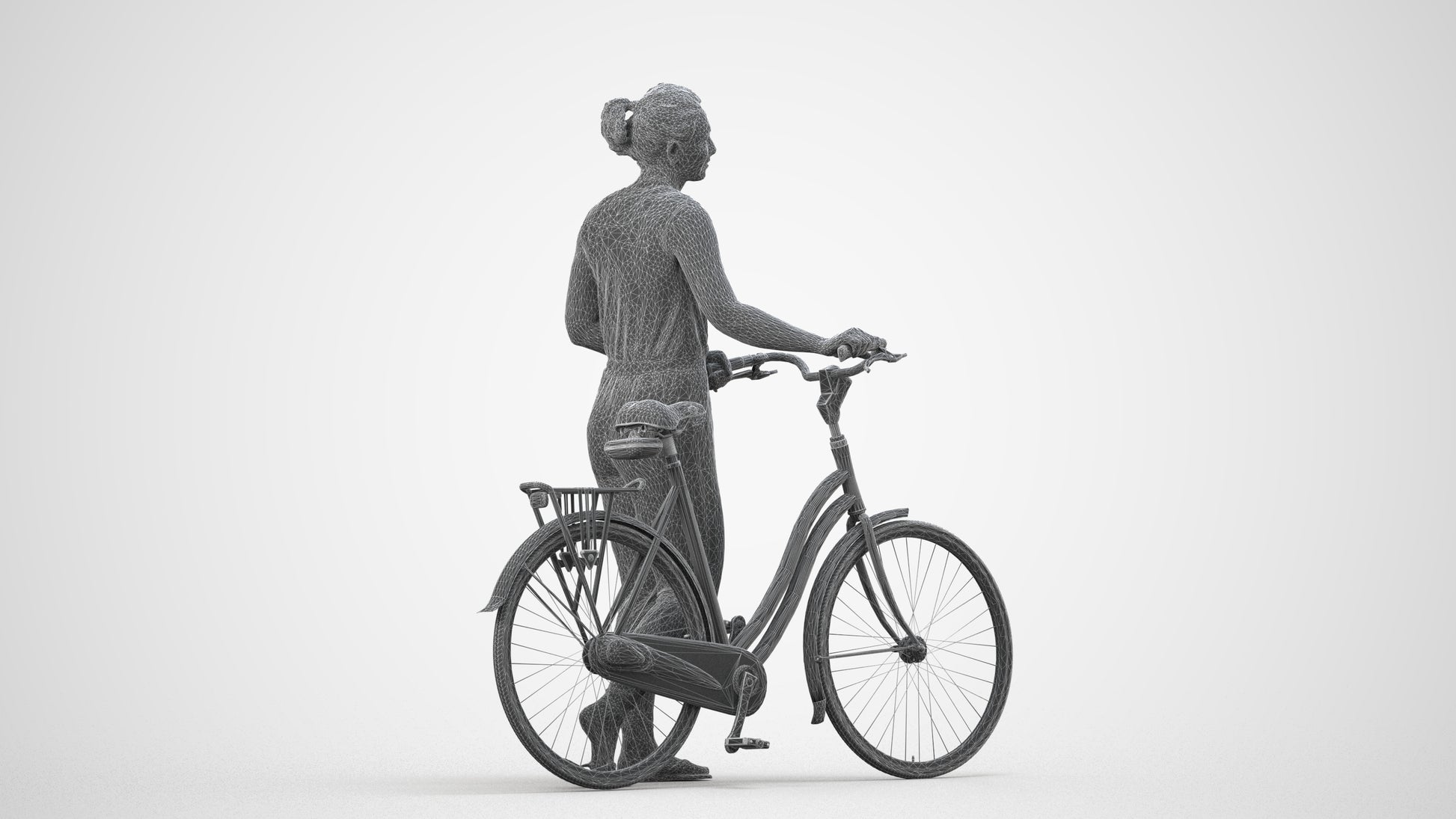 3D people model woman casual cycling, scanned human for 3ds Max rendering, wireframe side view