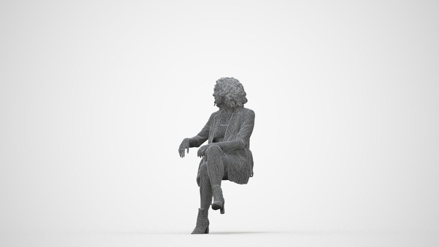 photogrammetry 3D woman business sitting, realistic human model archviz FBX, wireframe back view