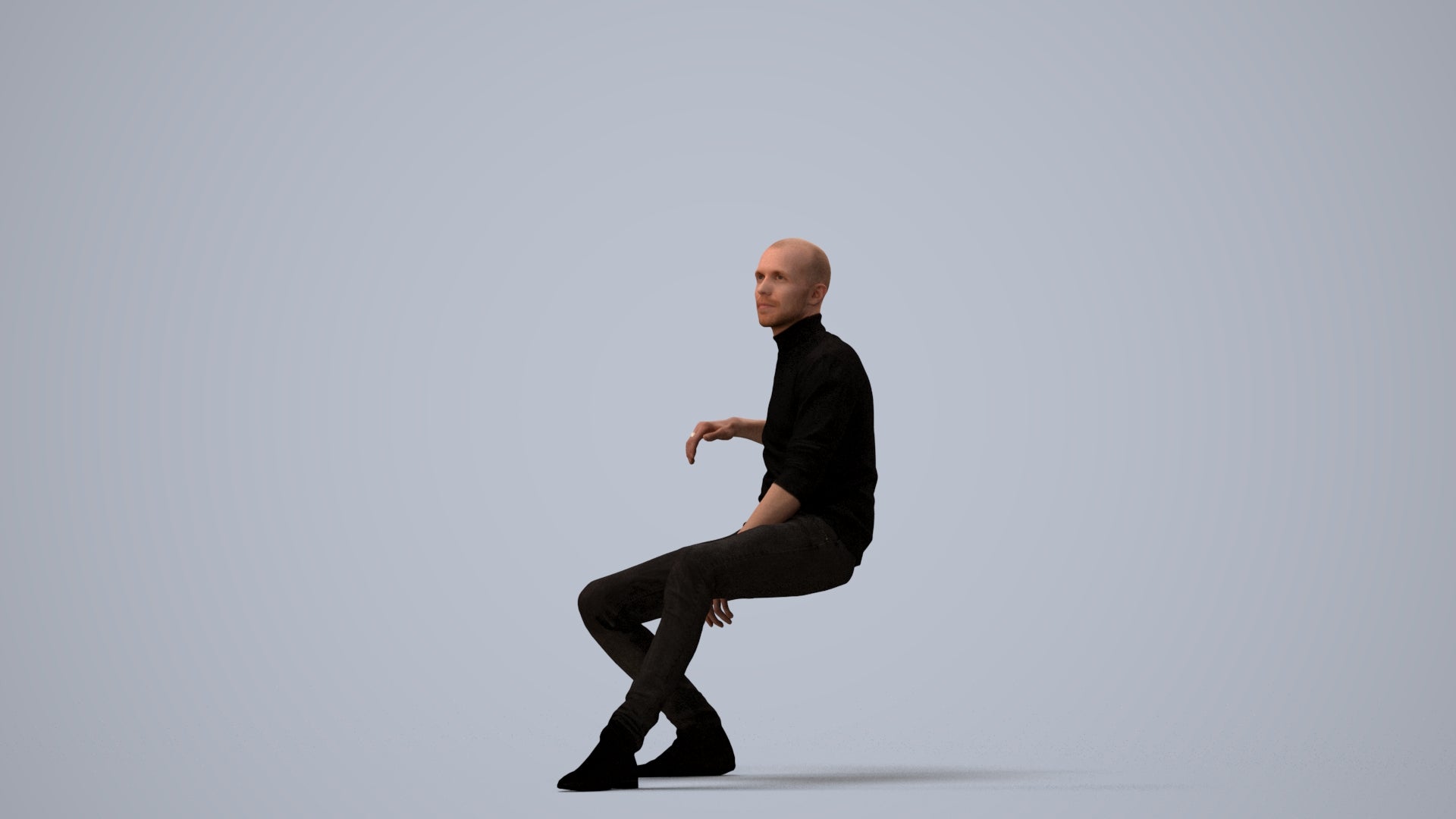 3D human model man casual sitting, photogrammetry scanned person for archviz, three-quarter view render