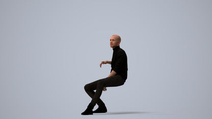 3D human model man casual sitting, photogrammetry scanned person for archviz, three-quarter view render