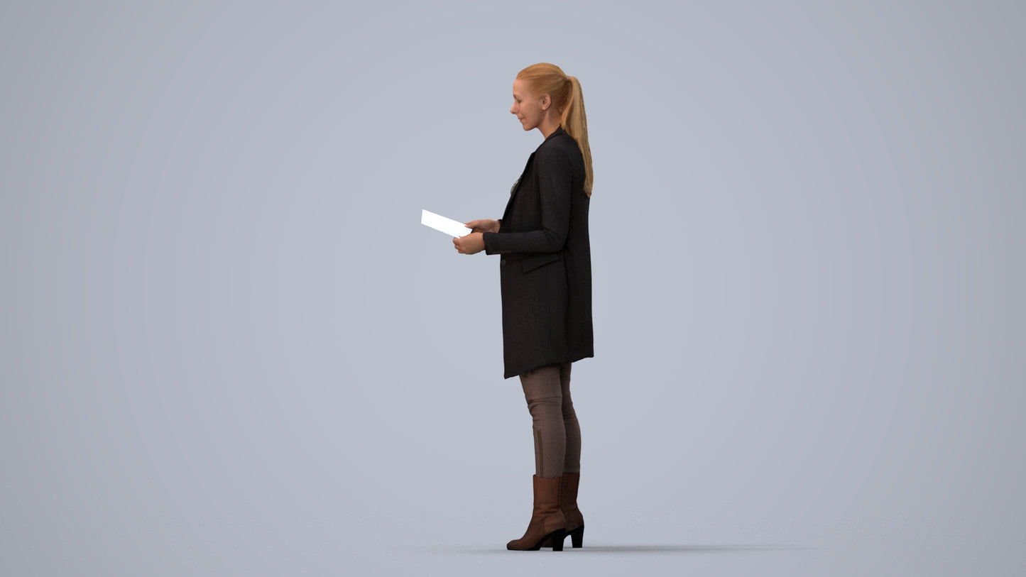 scanned 3D woman business standing, photogrammetry people for Enscape and V-Ray, three-quarter view render