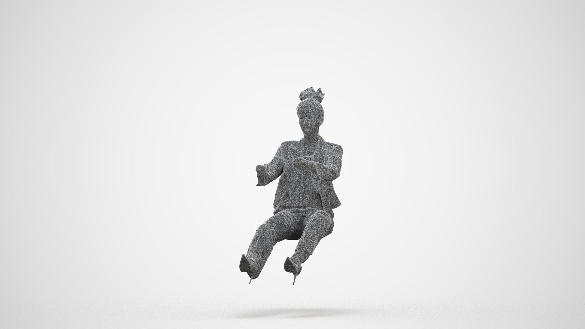 3D human model woman business driving, photogrammetry scanned person for archviz, three-quarter front view render