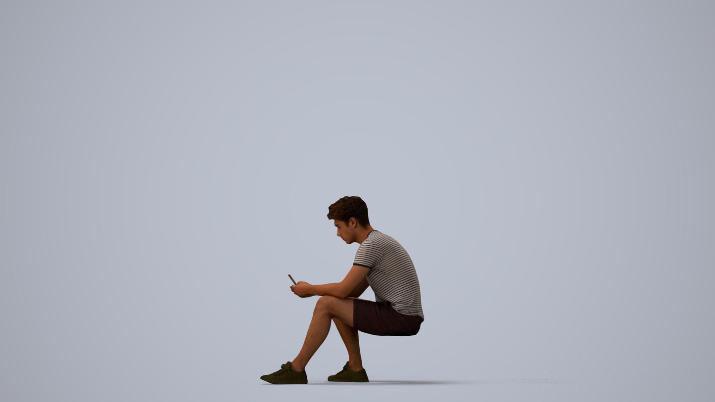 realistic 3D human man casual sitting, archviz people FBX OBJ for Blender, three-quarter view render