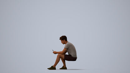 realistic 3D human man casual sitting, archviz people FBX OBJ for Blender, three-quarter view render