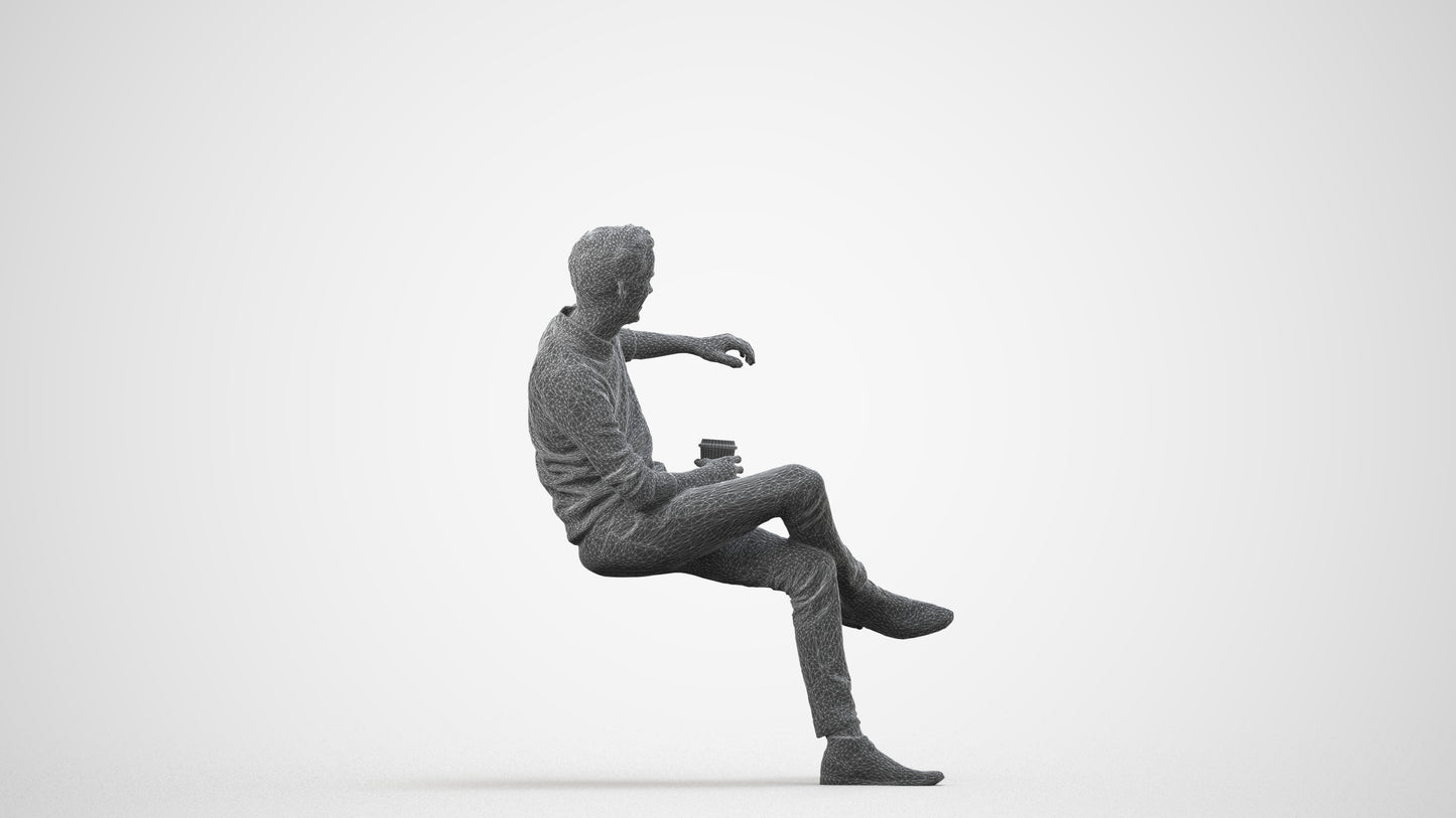 scanned 3D man casual sitting, photogrammetry people for Enscape and V-Ray, wireframe side view