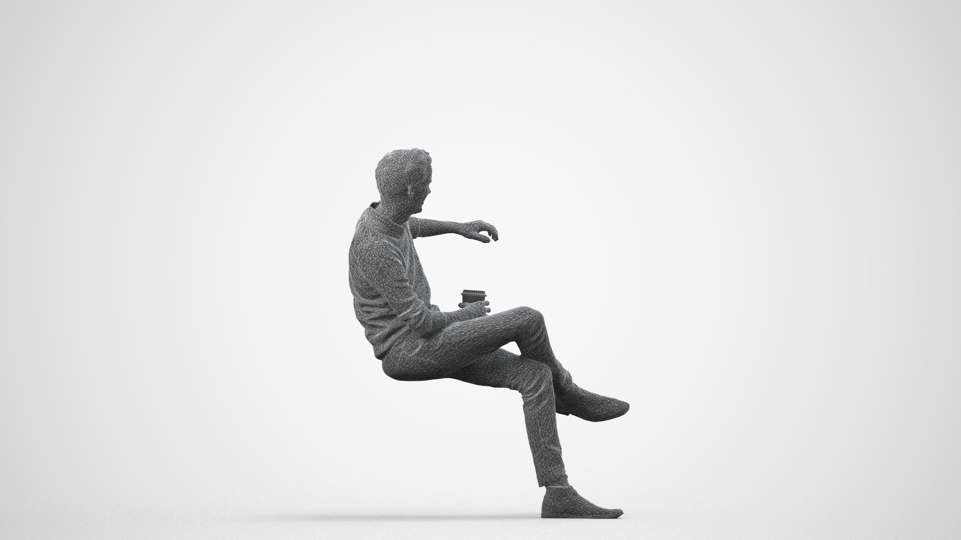 scanned 3D man casual sitting, photogrammetry people for Enscape and V-Ray, wireframe side view