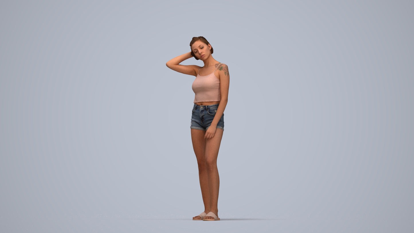 realistic 3D woman casual standing, scanned archviz people for Blender and 3ds Max, top-down view render