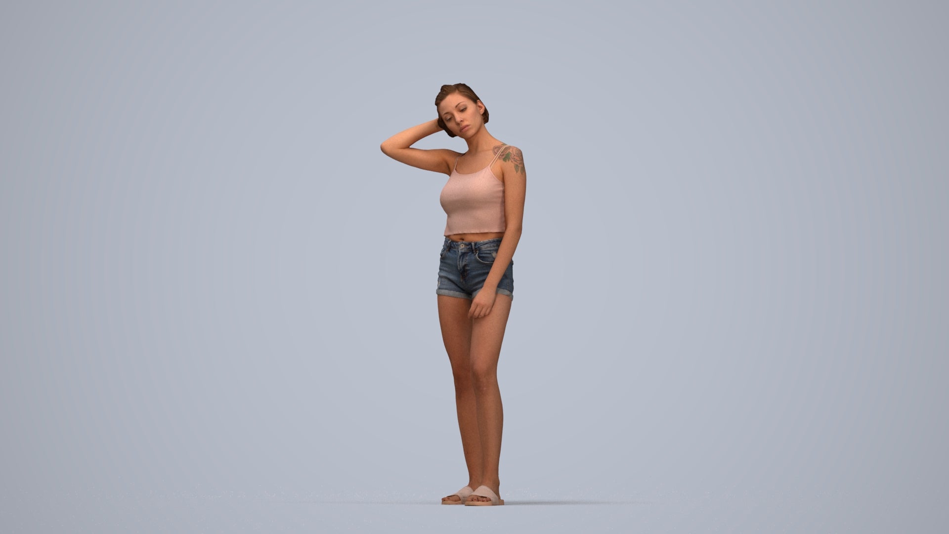 realistic 3D woman casual standing, scanned archviz people for Blender and 3ds Max, top-down view render