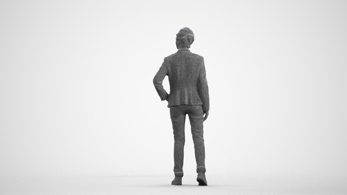 realistic 3D human senior woman business standing, archviz people FBX OBJ for Blender, wireframe front view