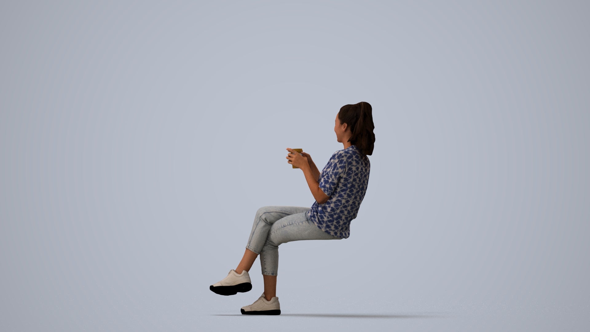 realistic 3D woman casual sitting, scanned archviz people for Blender and 3ds Max, three-quarter view render