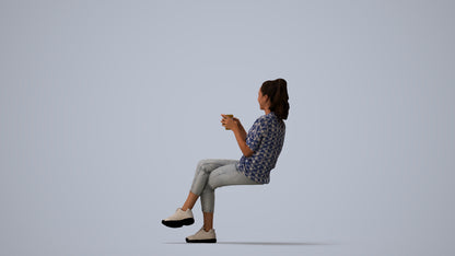 realistic 3D woman casual sitting, scanned archviz people for Blender and 3ds Max, three-quarter view render