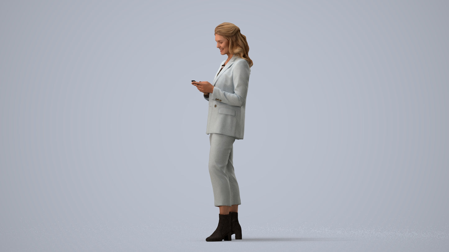 3D human model woman business, photogrammetry scanned person for archviz, three-quarter view render