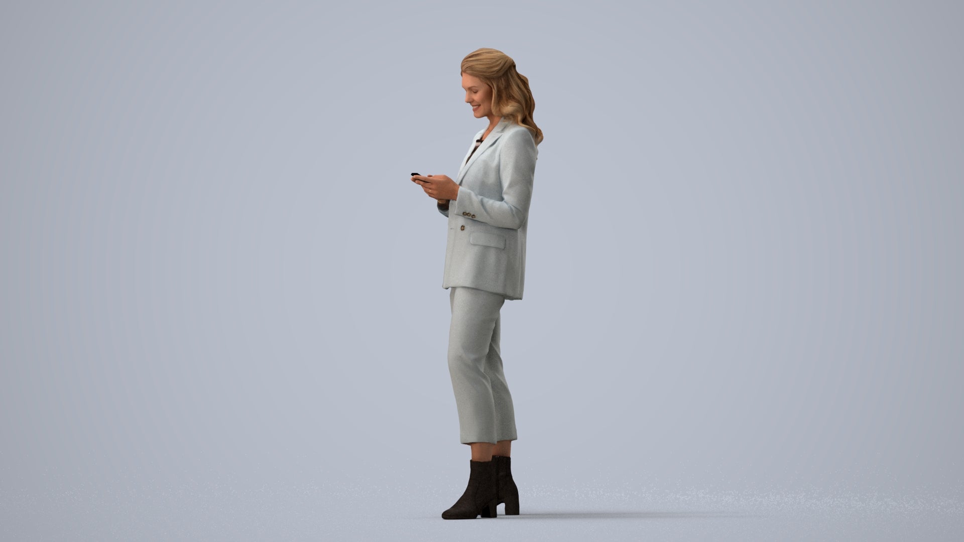 3D human model woman business, photogrammetry scanned person for archviz, three-quarter view render