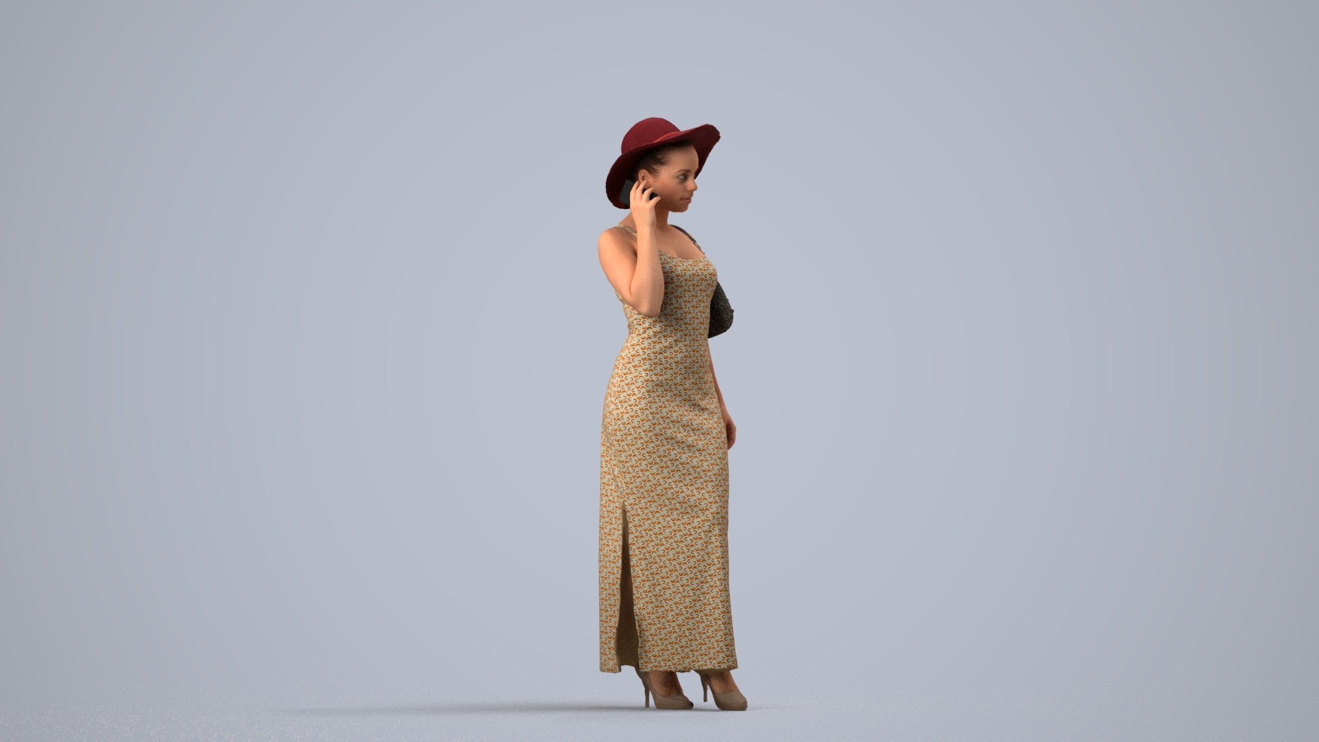 3D human model woman casual standing, photogrammetry scanned person for archviz, side view render