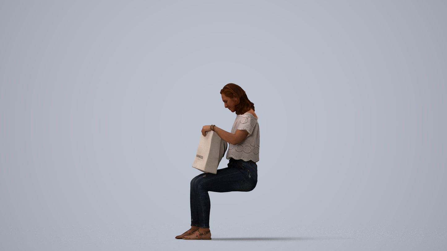3D human model woman casual sitting, photogrammetry scanned person for archviz, three-quarter view render