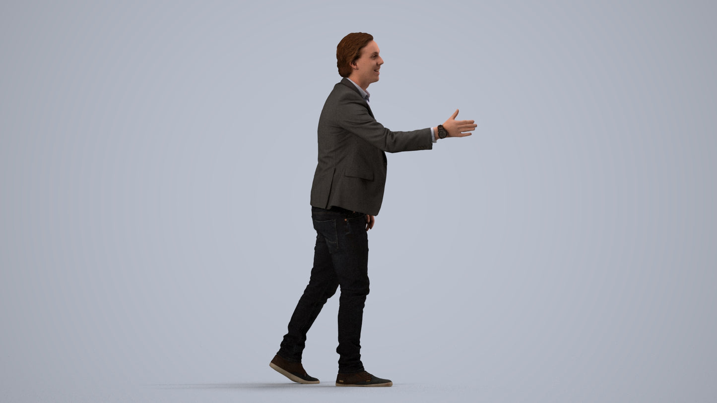 realistic 3D human man business, archviz people FBX OBJ for Blender, side view render