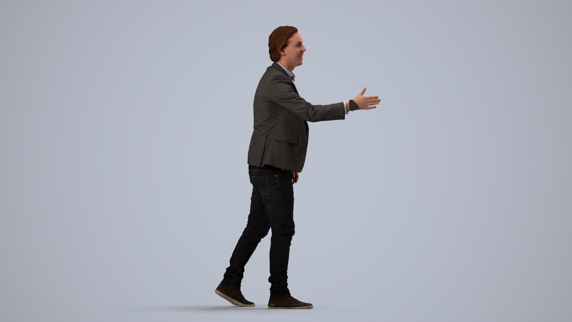 realistic 3D human man business, archviz people FBX OBJ for Blender, side view render