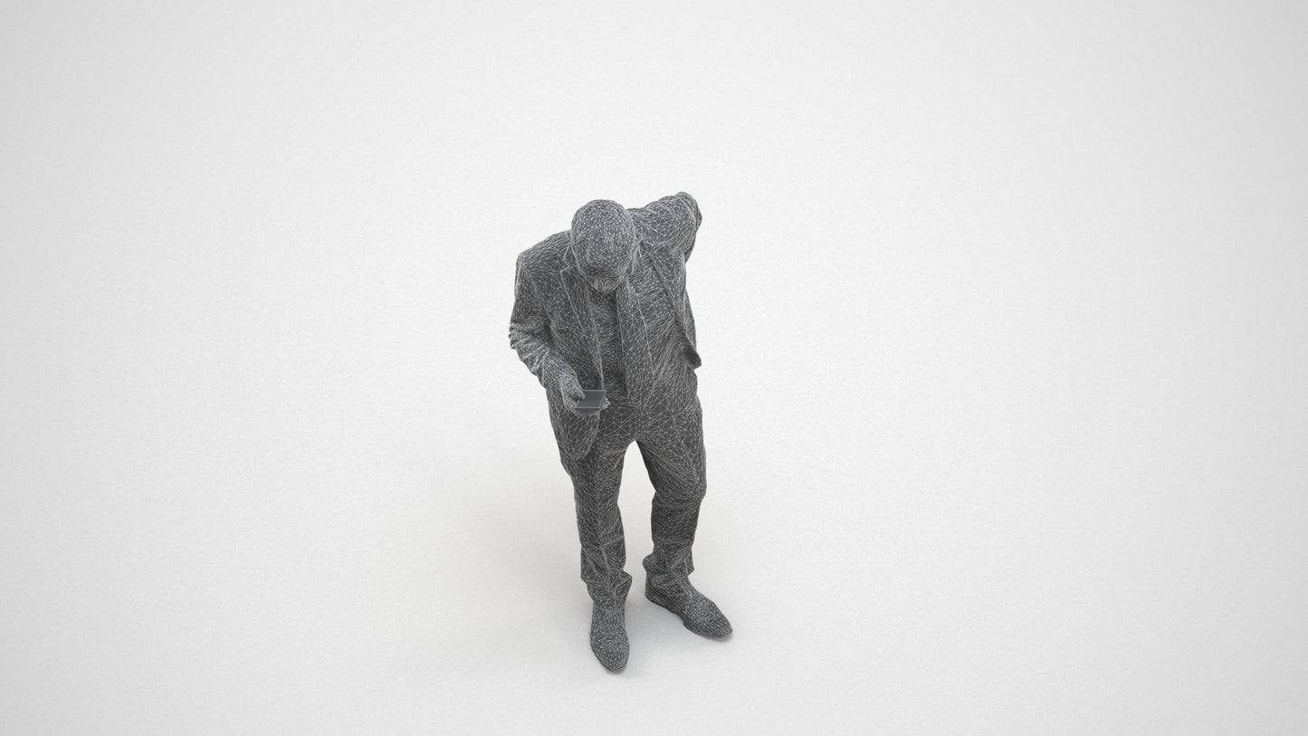 realistic 3D senior man business, scanned archviz people for Blender and 3ds Max, wireframe three-quarter view