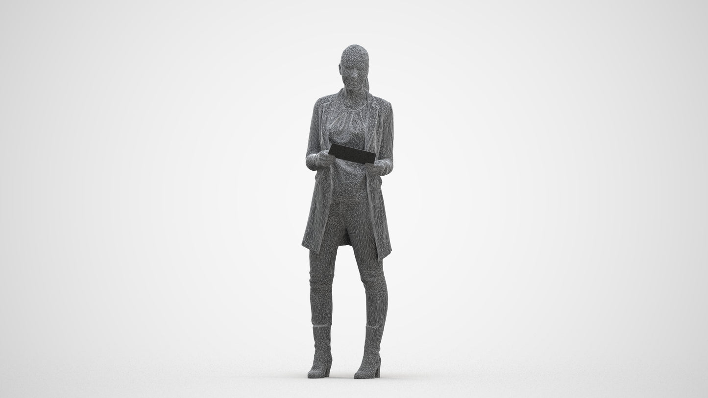 scanned 3D woman business standing, photogrammetry people for Enscape and V-Ray, three-quarter front view render