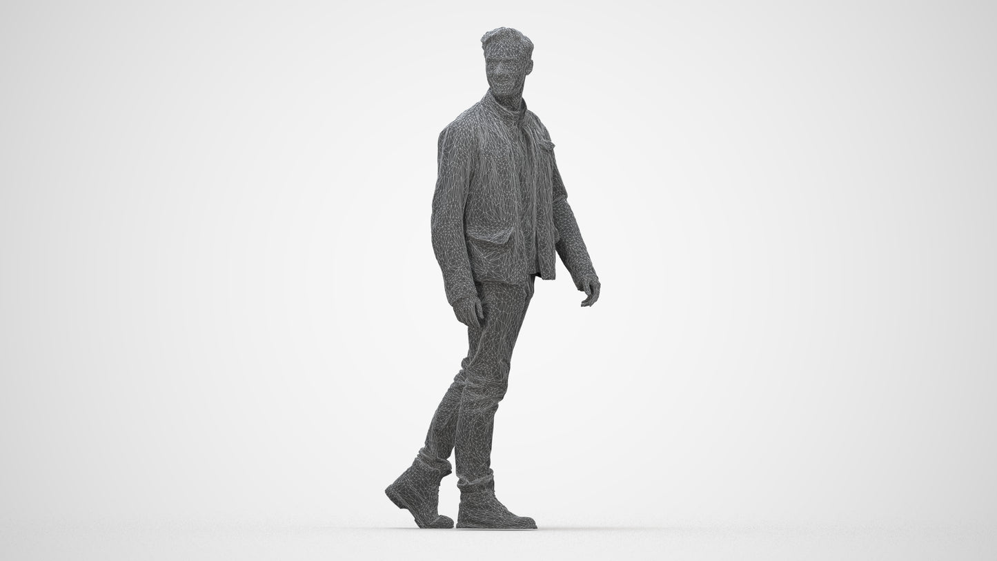 realistic 3D human man casual walking, archviz people FBX OBJ for Blender, wireframe back view