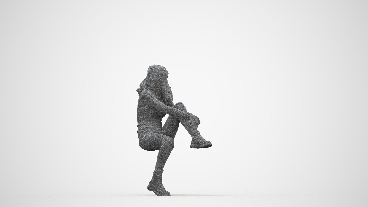 3D people model woman casual sitting, scanned human for 3ds Max rendering, wireframe back view
