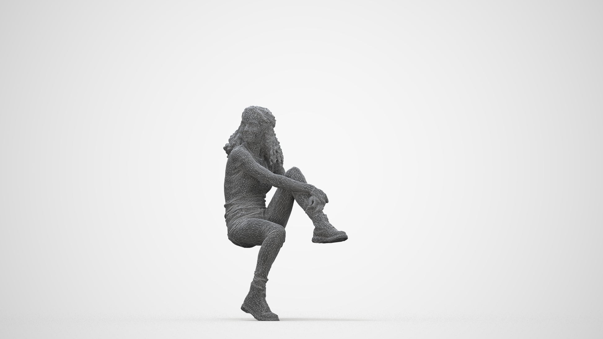 3D people model woman casual sitting, scanned human for 3ds Max rendering, wireframe back view