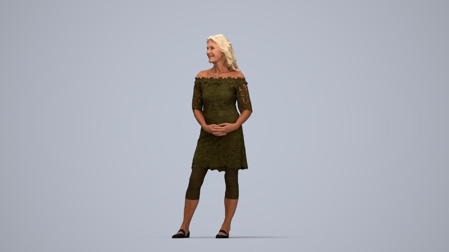 photogrammetry 3D senior woman casual standing, realistic human model archviz FBX, top-down view render