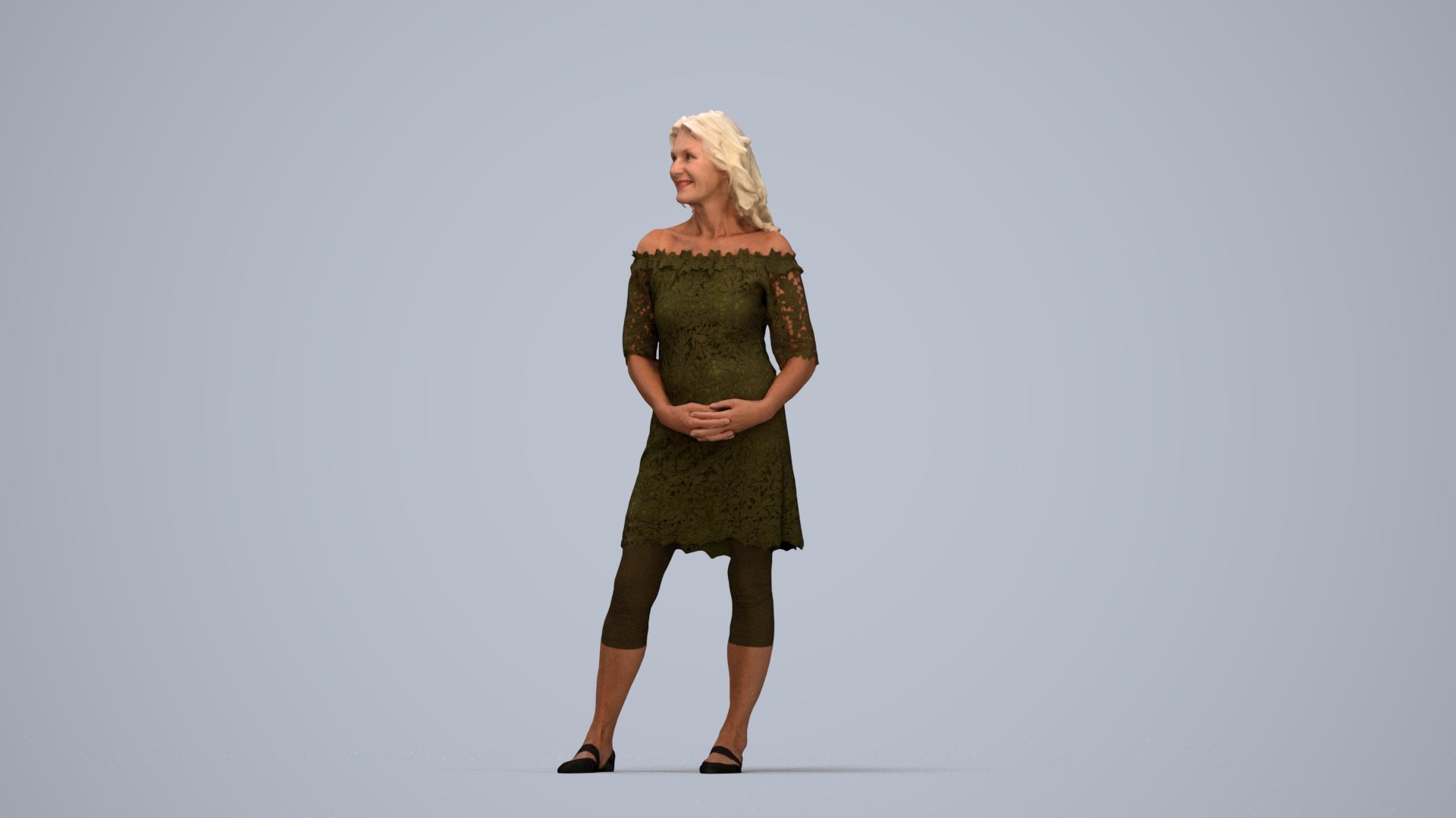 photogrammetry 3D senior woman casual standing, realistic human model archviz FBX, top-down view render