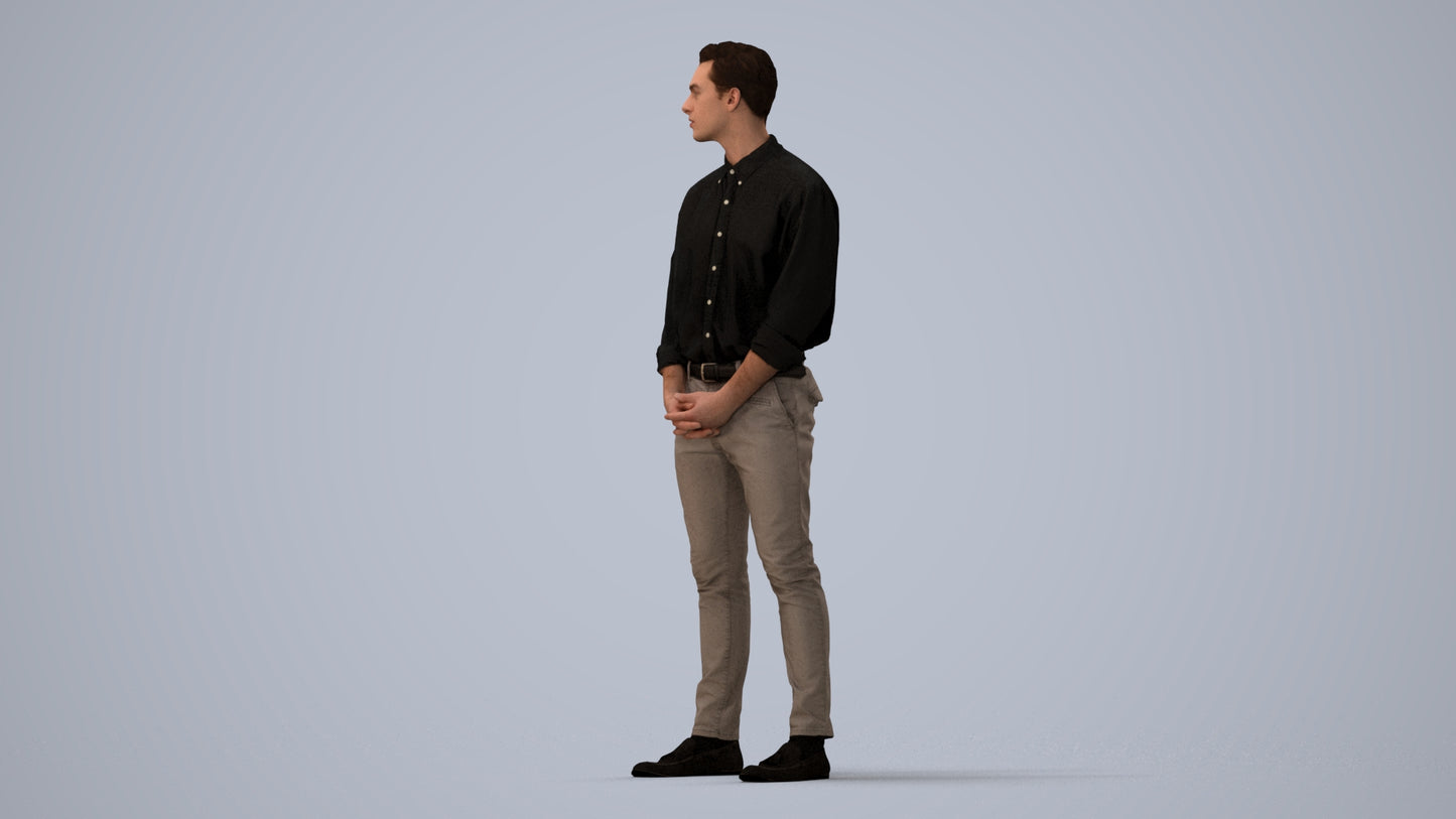3D people model man casual standing, scanned human for 3ds Max rendering, three-quarter view render