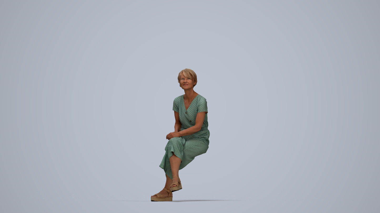 realistic 3D senior woman casual sitting, scanned archviz people for Blender and 3ds Max, top-down view render
