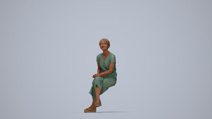 realistic 3D senior woman casual sitting, scanned archviz people for Blender and 3ds Max, top-down view render