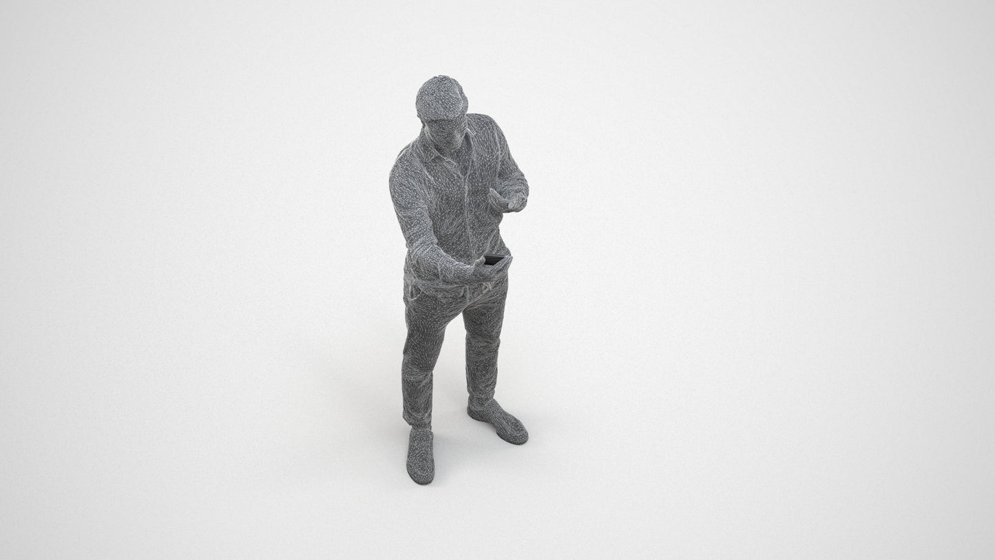 photogrammetry 3D man casual standing, realistic human model archviz FBX, wireframe three-quarter view