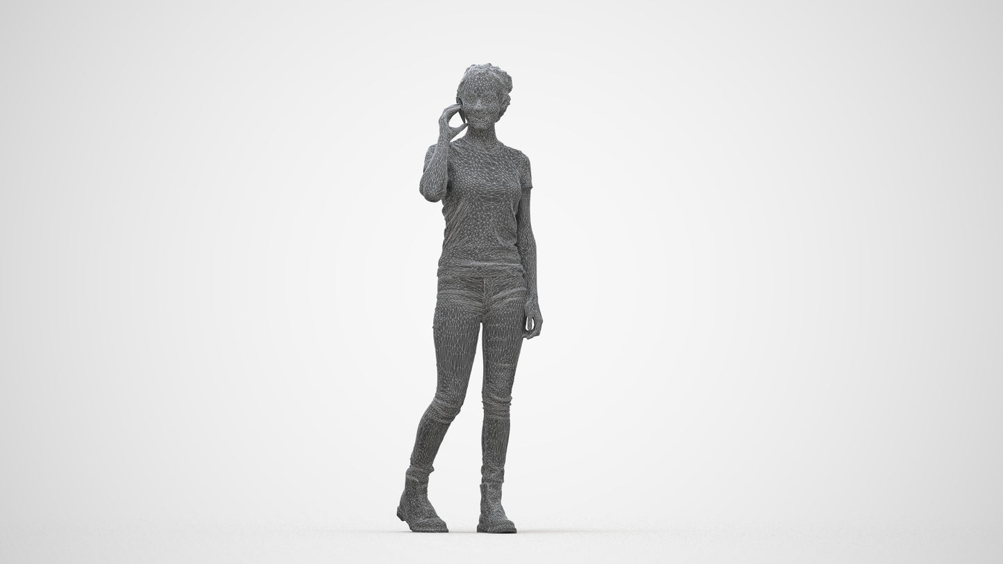 3D human model woman casual walking, photogrammetry scanned person for archviz, wireframe back view