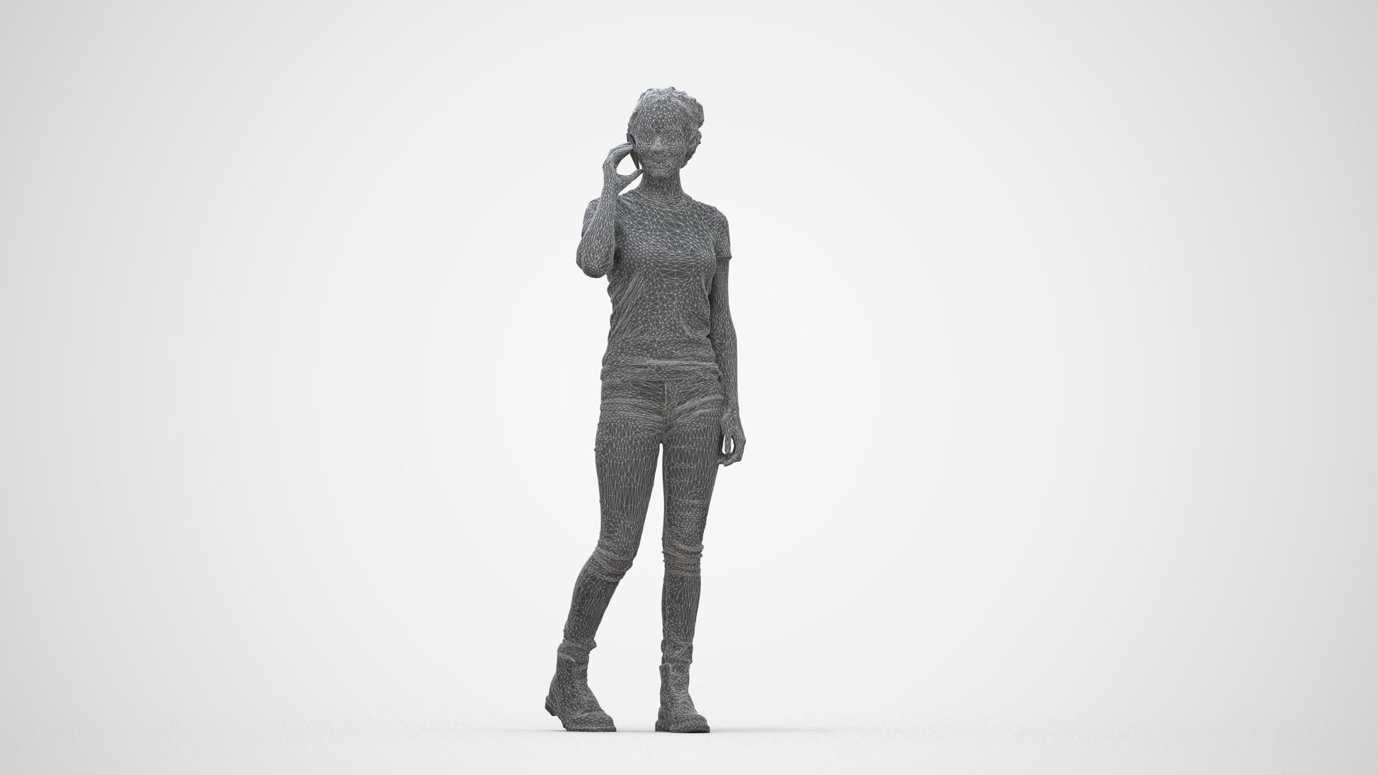 3D human model woman casual walking, photogrammetry scanned person for archviz, wireframe back view