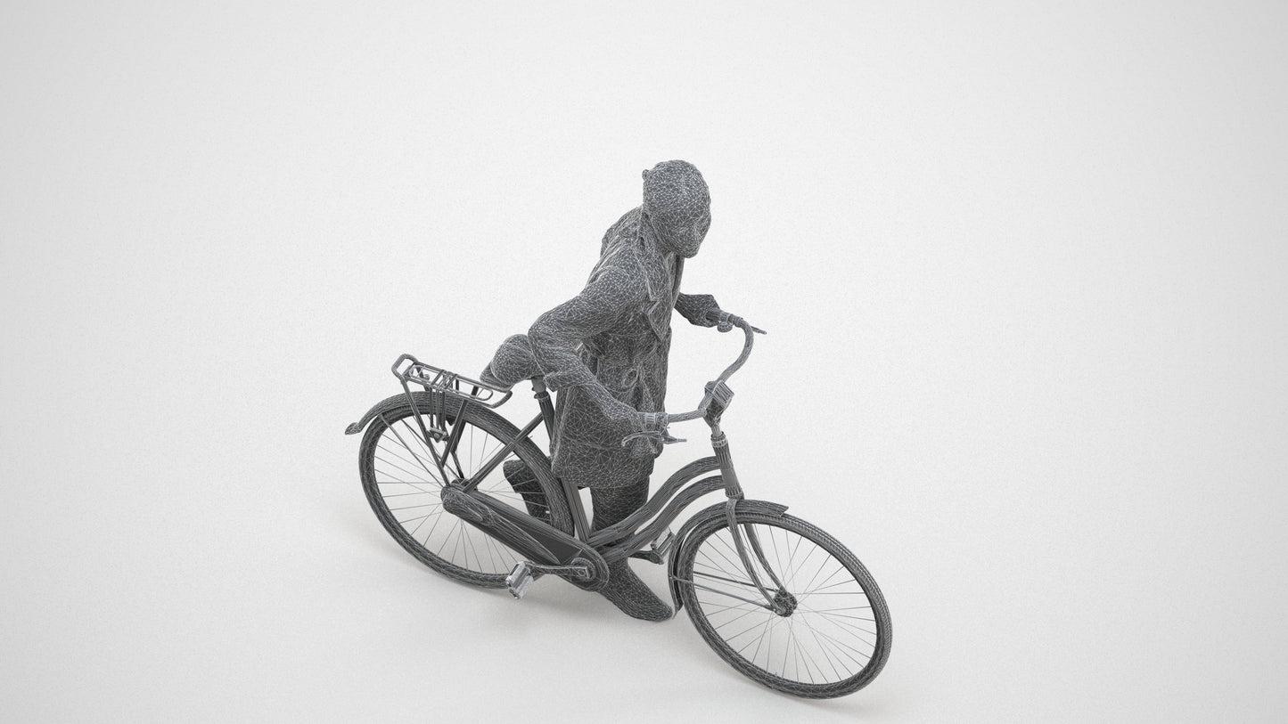 3D human model woman casual cycling, photogrammetry scanned person for archviz, wireframe three-quarter view