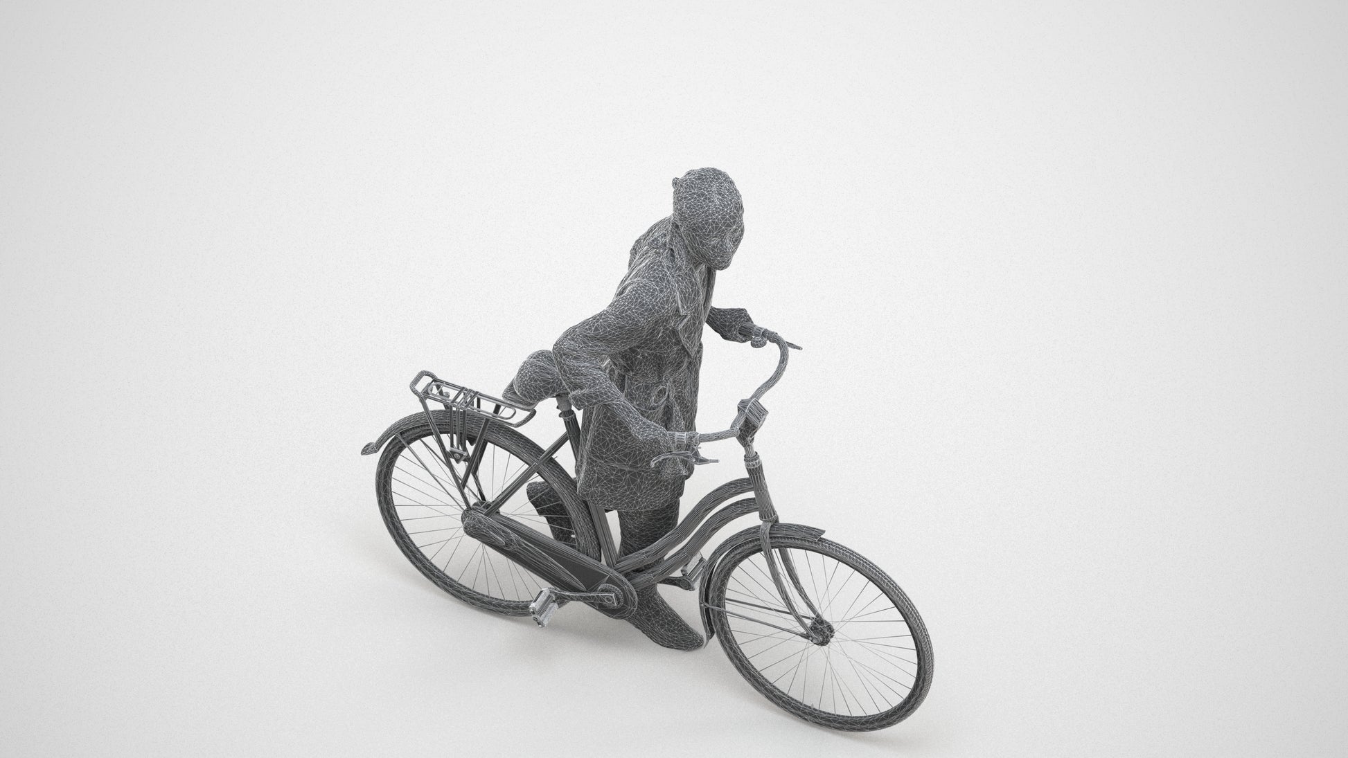 3D human model woman casual cycling, photogrammetry scanned person for archviz, wireframe three-quarter view