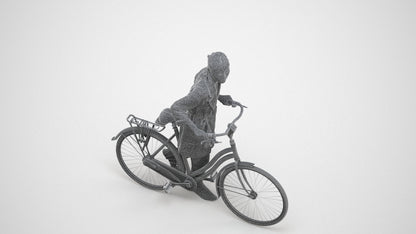 3D human model woman casual cycling, photogrammetry scanned person for archviz, wireframe three-quarter view