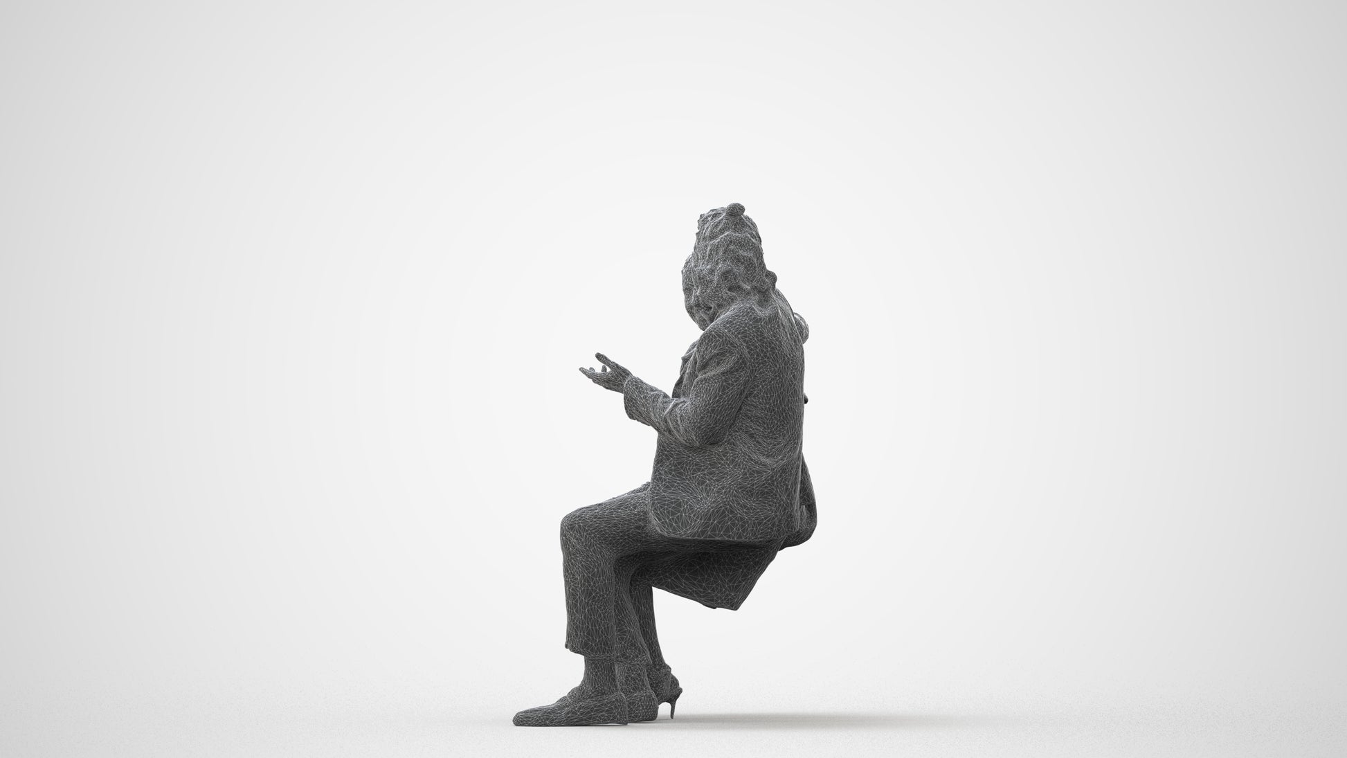3D human model woman formal sitting, photogrammetry scanned person for archviz, square thumbnail
