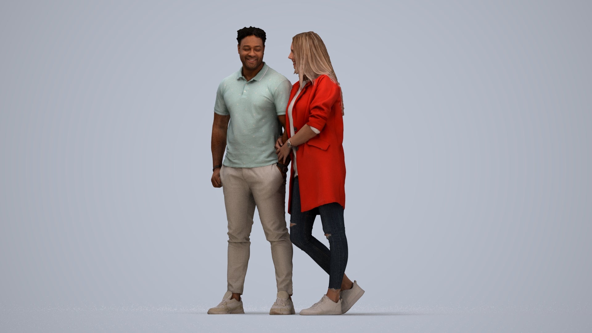 realistic 3D human man casual couple, archviz people FBX OBJ for Blender, top-down view render