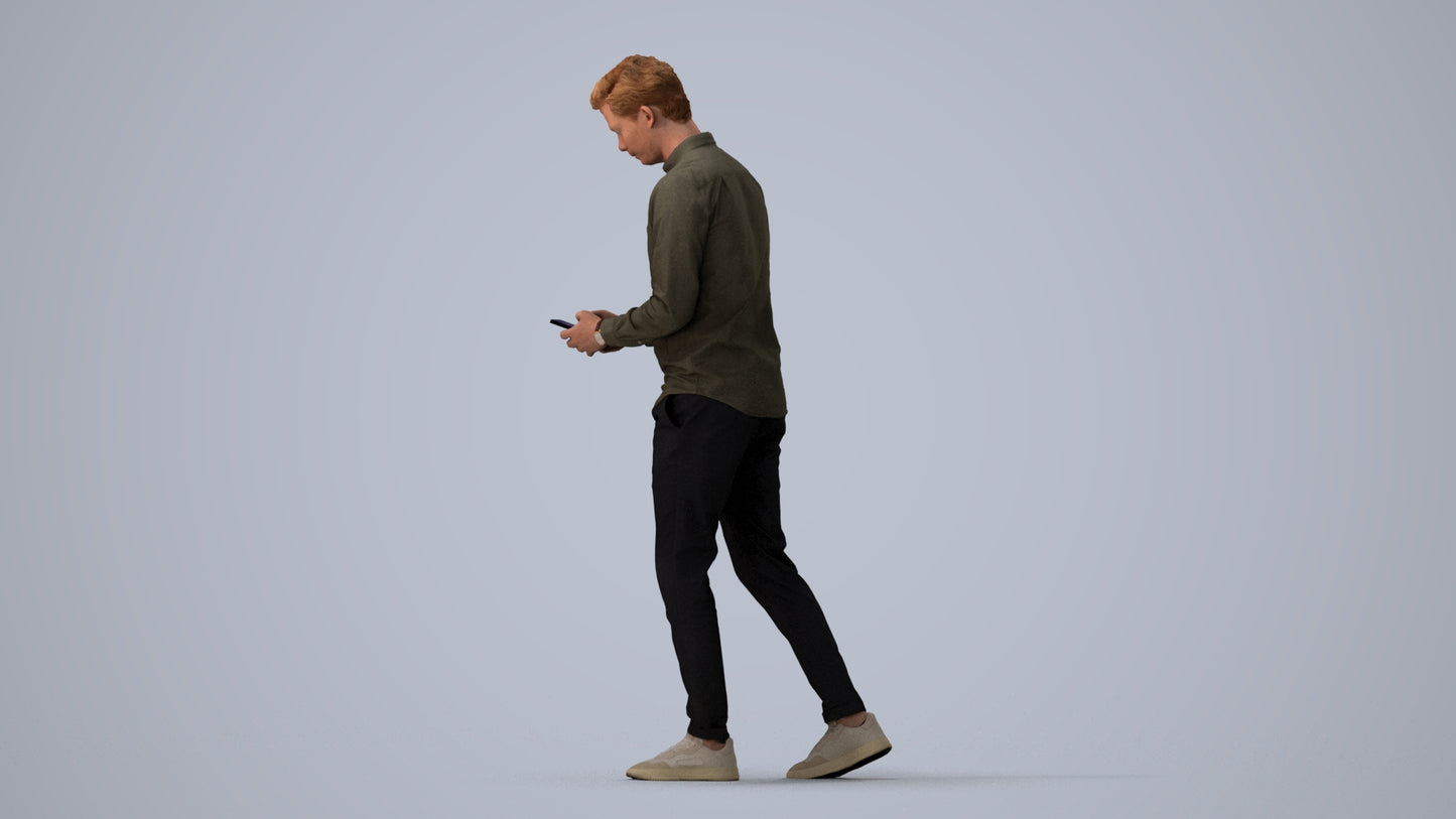 realistic 3D man casual walking, scanned archviz people for Blender and 3ds Max, three-quarter view render