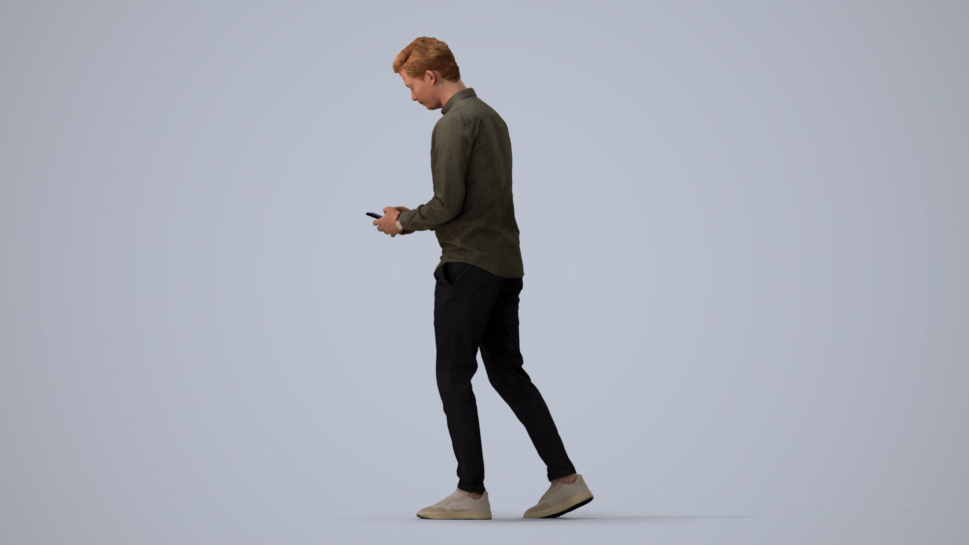realistic 3D man casual walking, scanned archviz people for Blender and 3ds Max, three-quarter view render