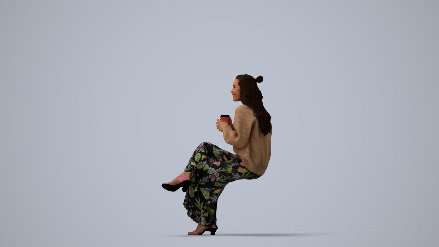 realistic 3D people woman casual sitting, render-ready for V-Ray and Corona, FBX OBJ, three-quarter view render