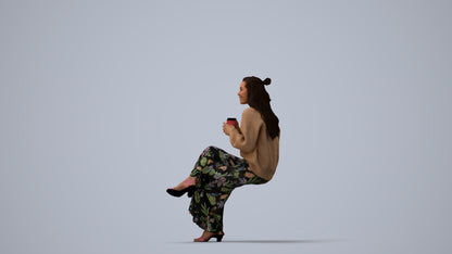 realistic 3D people woman casual sitting, render-ready for V-Ray and Corona, FBX OBJ, three-quarter view render