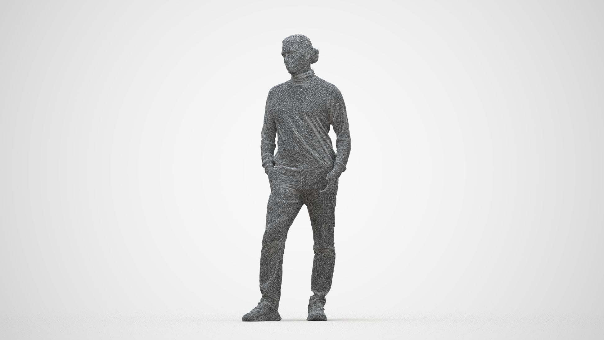 3D scanned man standing casual, photorealistic archviz people for Enscape and SketchUp, wireframe back view