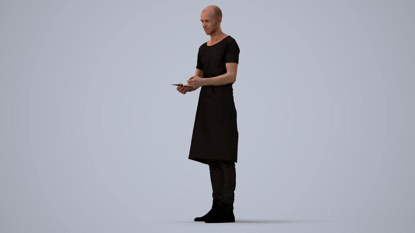 3D human model man hospitality, photogrammetry scanned person for archviz, three-quarter view render