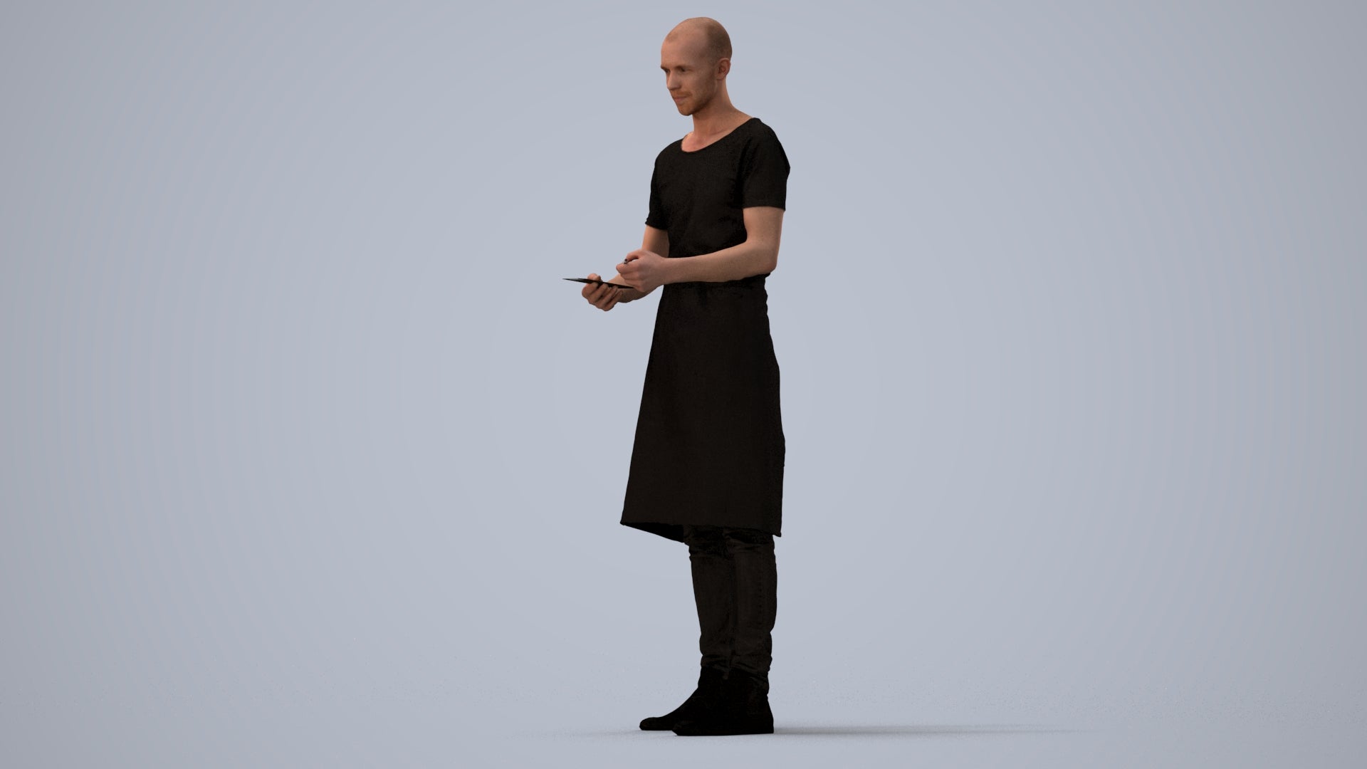 3D human model man hospitality, photogrammetry scanned person for archviz, three-quarter view render