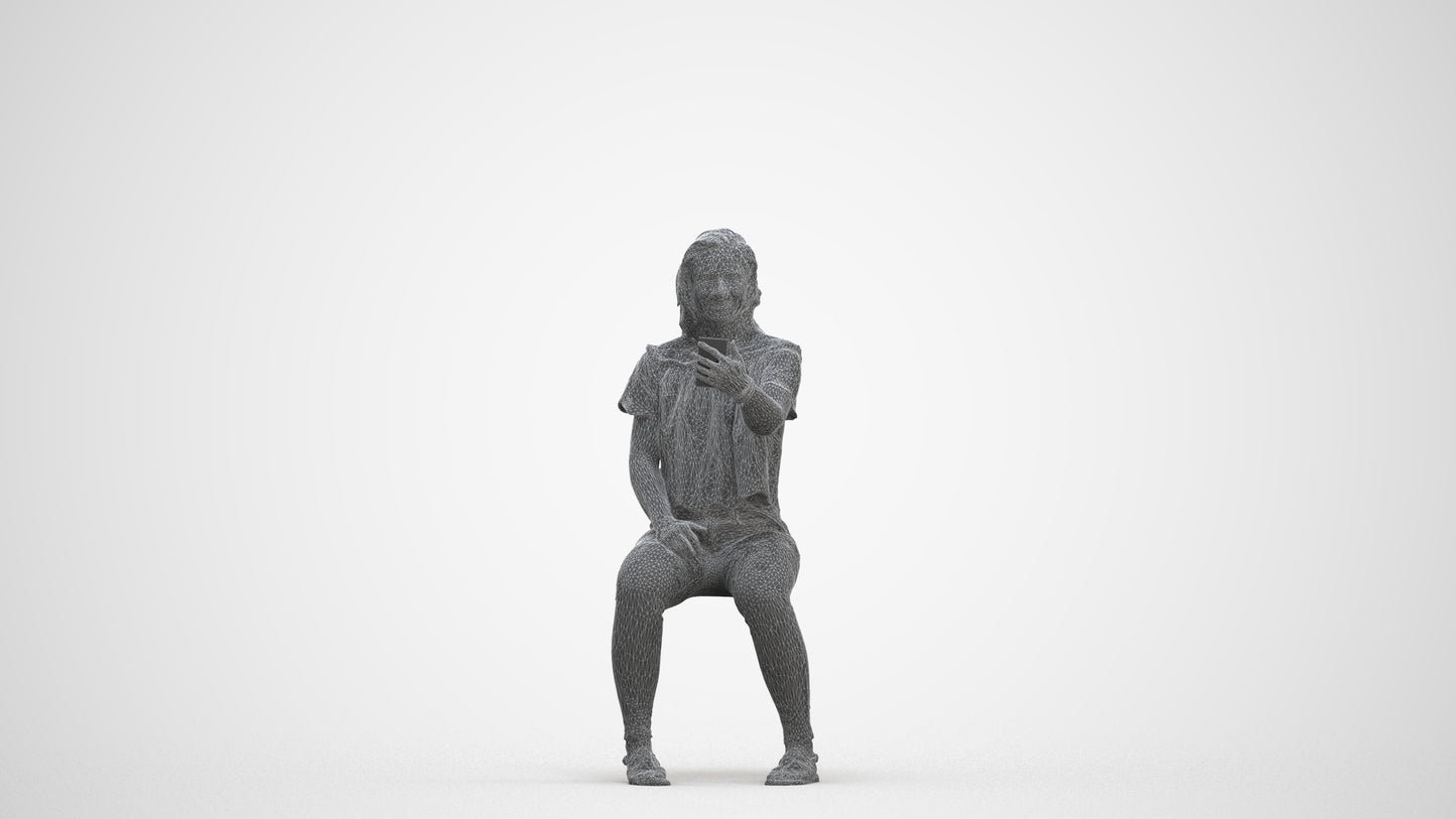 realistic 3D human woman casual sitting, archviz people FBX OBJ for Blender, three-quarter front view render