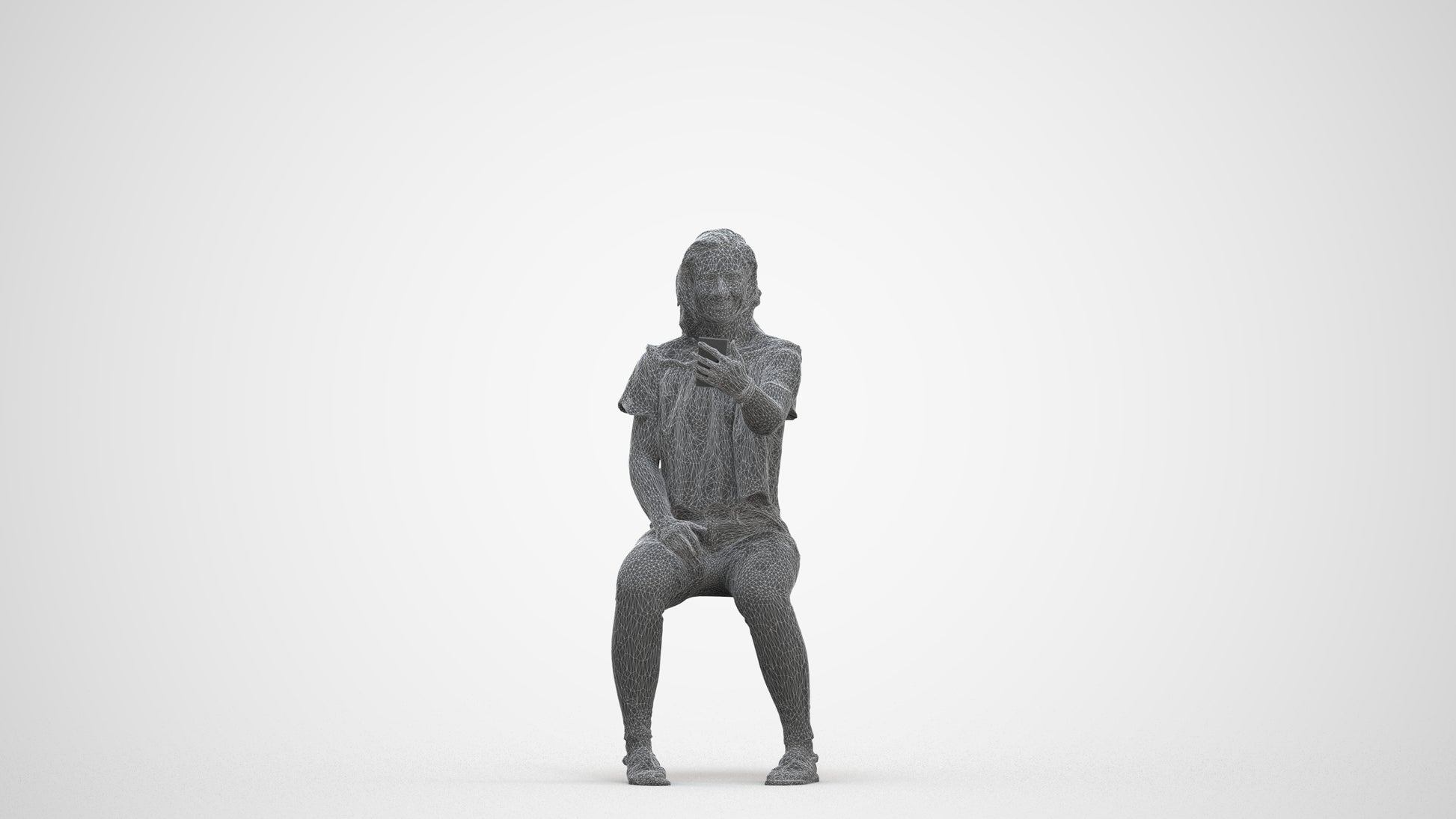 realistic 3D human woman casual sitting, archviz people FBX OBJ for Blender, three-quarter front view render