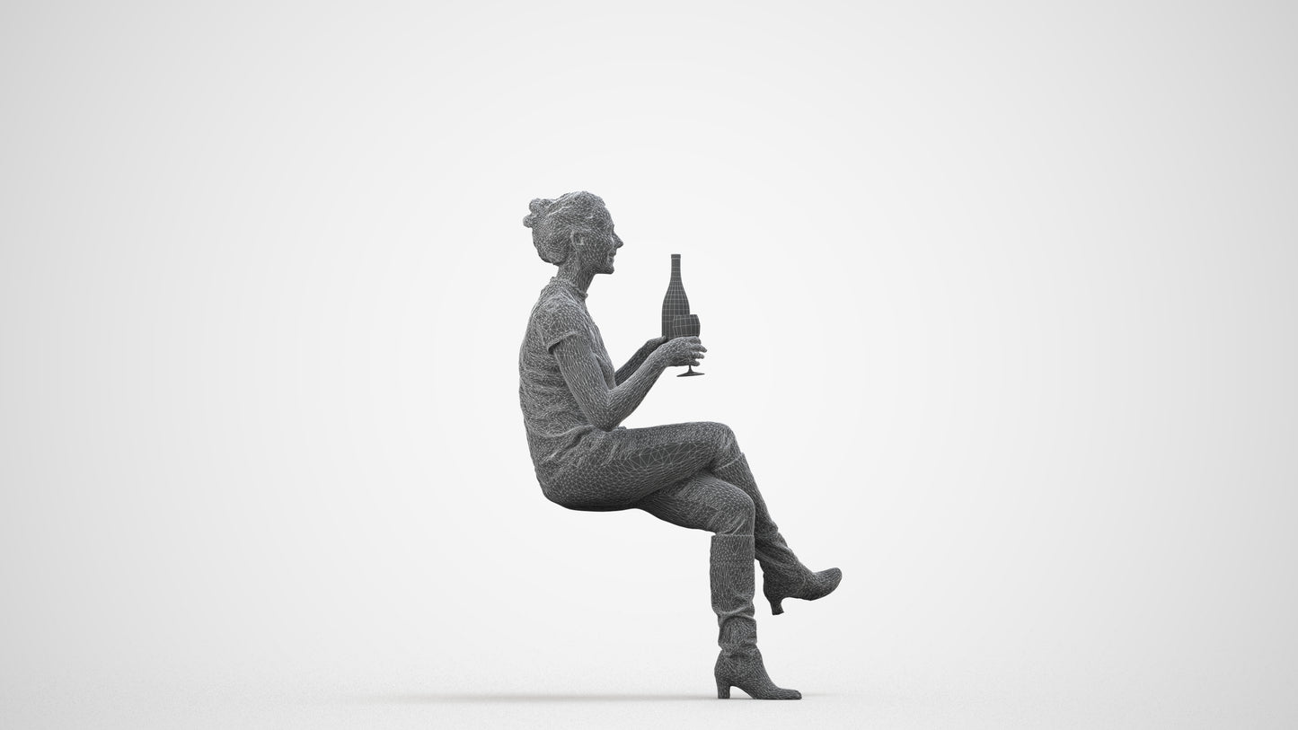 3D human model woman casual sitting, photogrammetry scanned person for archviz, wireframe side view